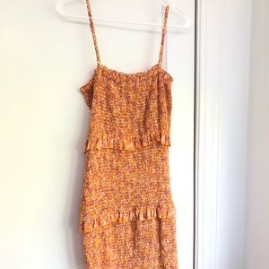 Shirred orange and pink floral midi dress